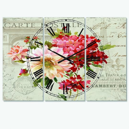 Designart Red Painted Flowers On Vintage Postcard I Multipanel Wall Clock
